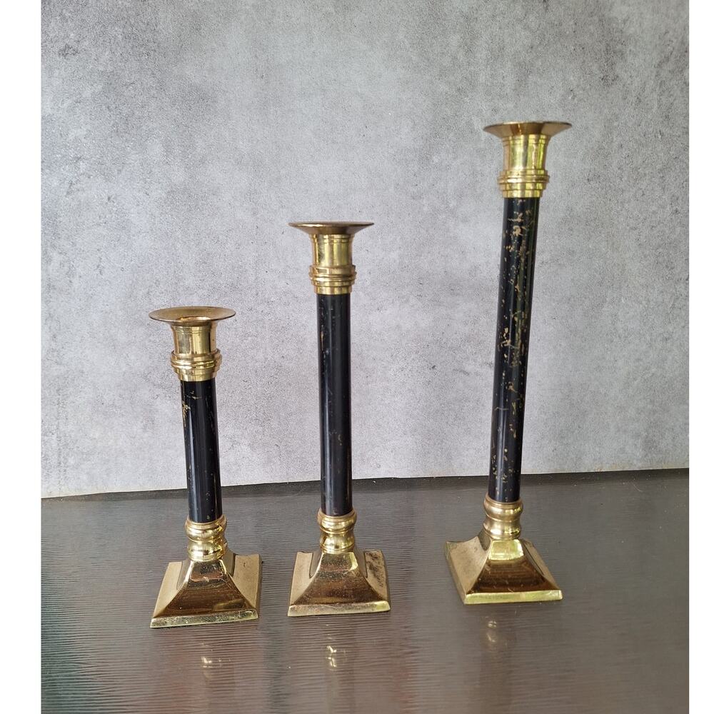 Vintage MCM brass Candlestick Holders set rustic farmhouse Shabby Chic painted